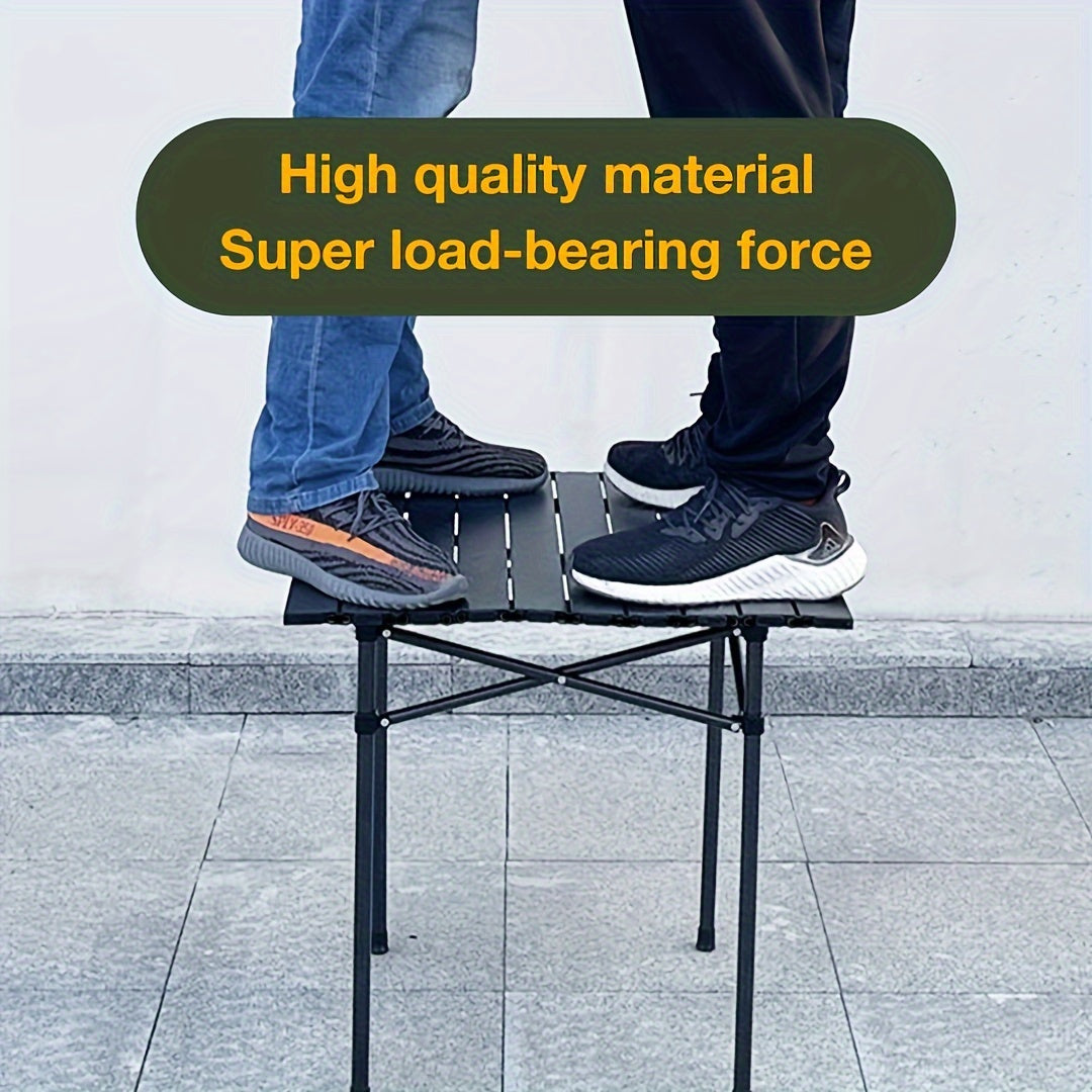 Portable, foldable outdoor table suitable for camping. Crafted from durable golden material in a convenient roll-shaped design.