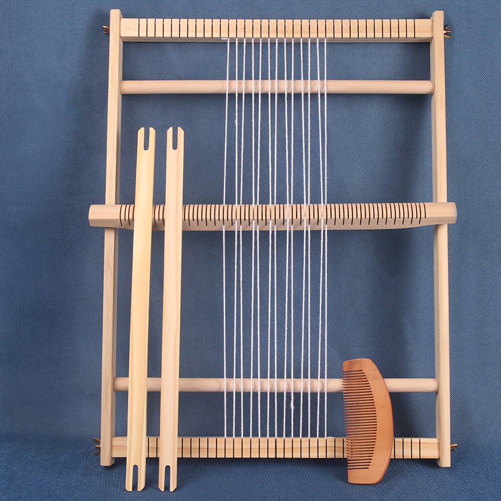 Handmade wooden weaving loom kit for DIY projects, includes shuttle and beaters. Perfect for creating tassel tapestries and carpets without electricity. Ideal for home decor crafting.