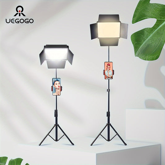 Photography lighting kit with studio fill lights, tripod, LED fill light, dimmable options, four baffles, cell phone clip. Ideal for video recording, photo studio, conferences, live selfies.