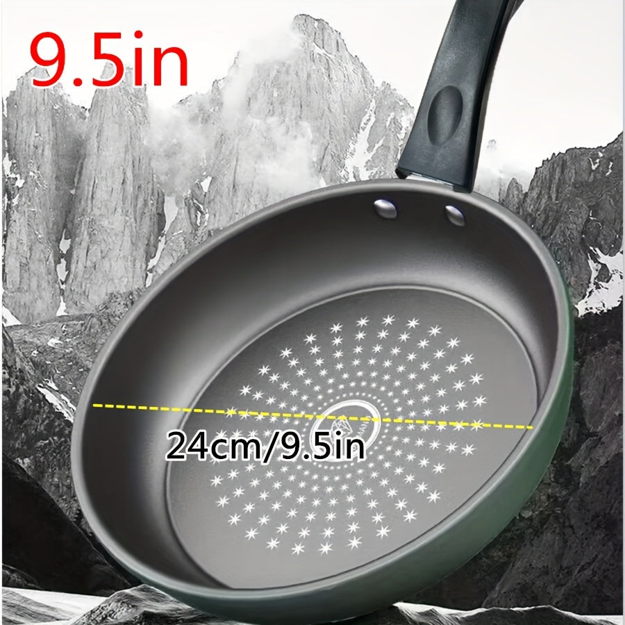 Non-Stick Skillet, 9.5-Inch Cast Iron Fry Pan with Mirror Satin Finish, Dishwasher Safe and Compatible with Smooth Surface Non-Induction Stovetops. Featuring a Thick Base Cast Iron Handle in a Green Color, Perfect for Cooking Eggs, Steak, and Pancakes.