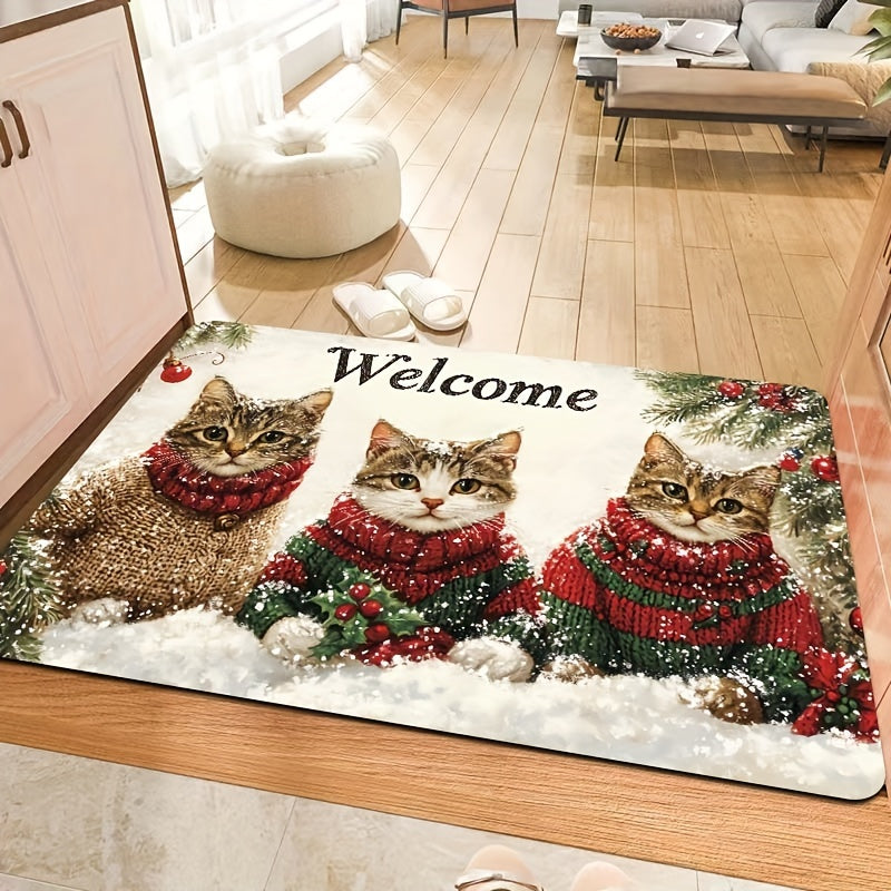 Welcome your guests with the festive 3 Cats Christmas Welcome Mat! This rectangular rug is 8mm thick and made of machine washable polyester with a PVC backing. Its durable construction allows it to be used indoors in doorways, kitchens, bathrooms, living