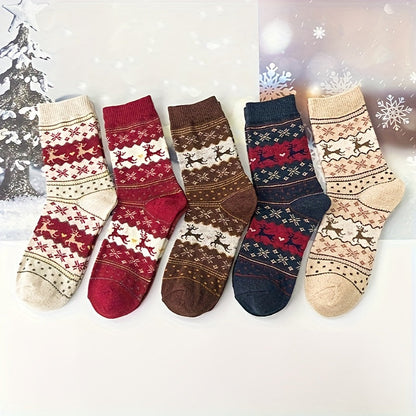 Women's Festive Christmas Reindeer & Snowflake Design Cozy Thick Socks - Set of 3 Pairs in Mixed Colors