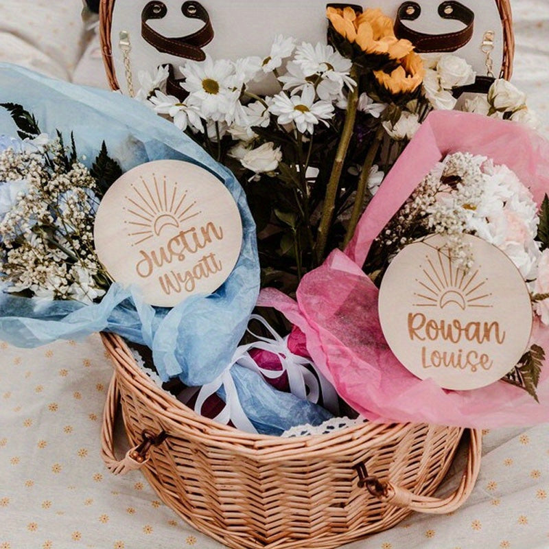 Customize your own wooden sun name sign for a unique birth announcement, personalized keepsake for new parents.