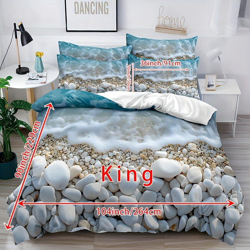 3-piece Serene Beach Pebble Bedding Set: Soft & breathable polyester duvet cover and pillowcases with oceanic blue and white marble pattern. Features zip closure and is machine washable for