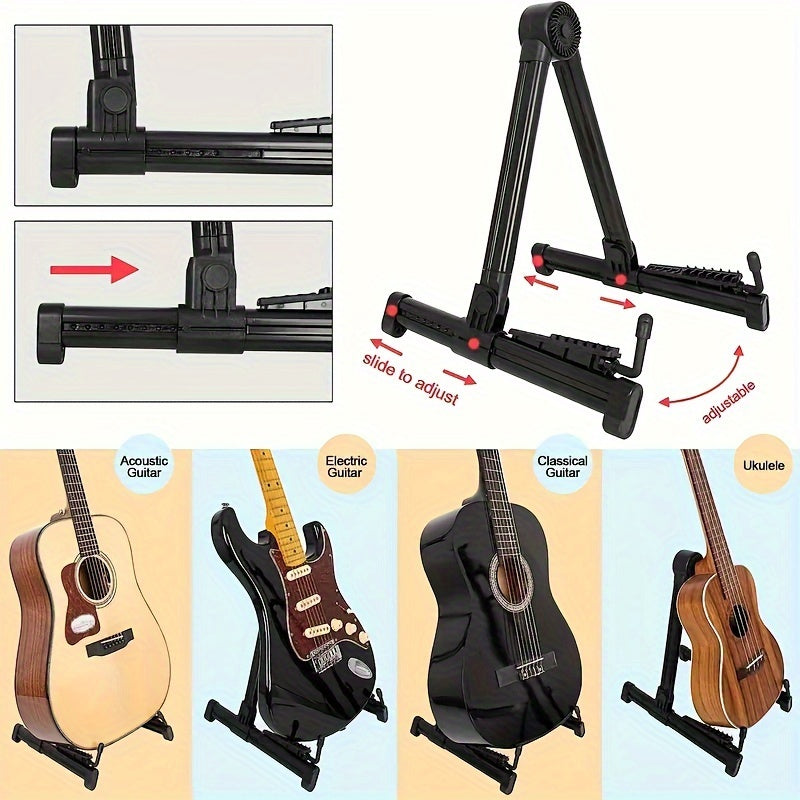 Adjustable, foldable A-frame guitar stand perfect for multiple instruments, easy to carry and install.