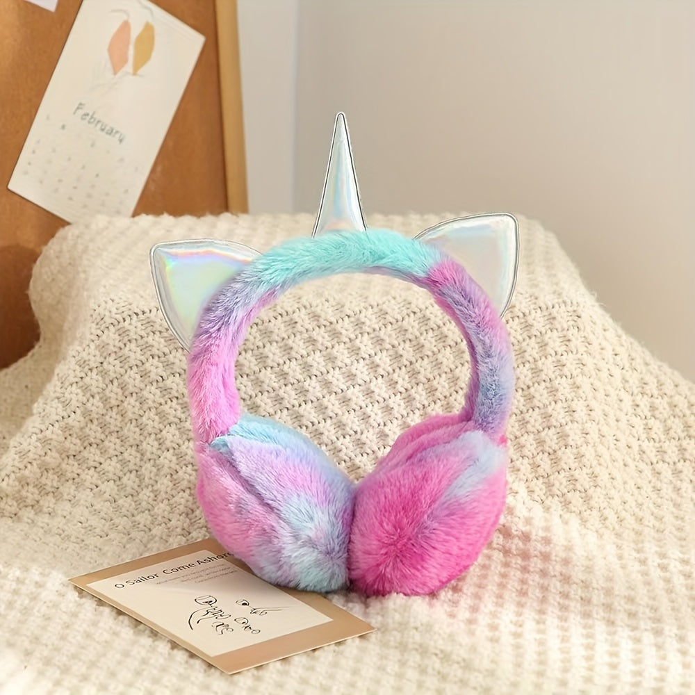 Rainbow-colored cartoon plush earmuffs perfect for keeping your ears warm in the winter season. Made from polyester knit fabric, these adorable earmuffs are designed for cold weather protection. Hand wash only.