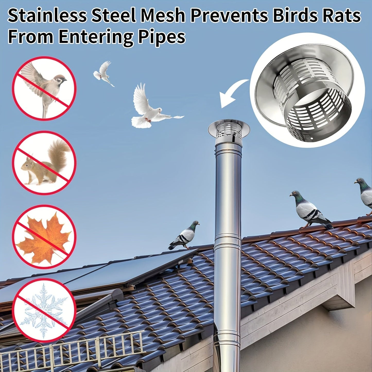 Stainless Steel Chimney Caps with Conical Tops, Window Screens, Outer Roofs, Silvery Fireplace Screen Covers, and Flue Pipe Top Covers