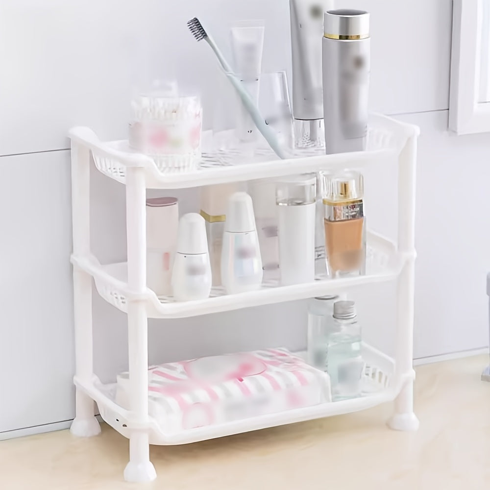 Plastic bathroom vanity organizer shelf for makeup, toiletries, and sundries storage in the bathroom.