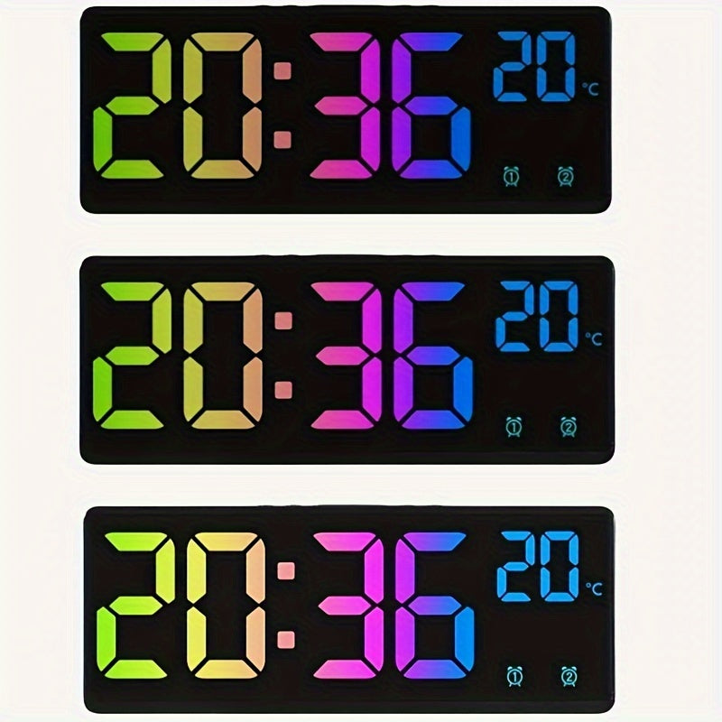 NieNie Digital Alarm Clock features voice control, dual alarm, night mode, adjustable brightness levels, snooze function, temperature and date display, USB powered, 12/24-hour time format, and a rectangular shape with a flat crown. The clock also has a