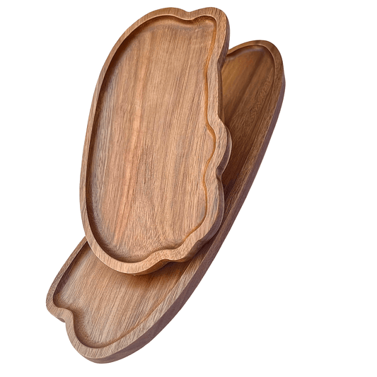 Acacia wood serving tray with smooth polished surface, irregular shape. Ideal for cheese, bread, fruits, and vegetables. Perfect for kitchen, restaurant, café, weddings, and holiday decor. Unique shape and wooden texture.