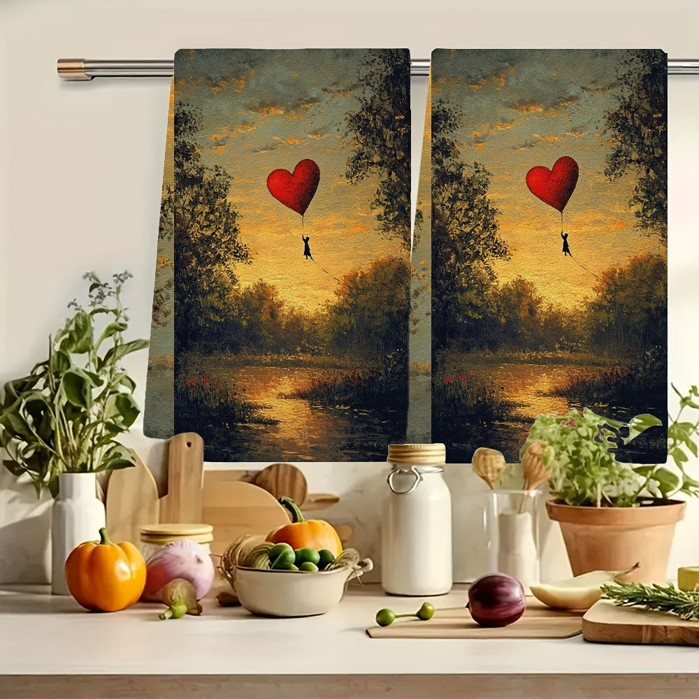 Two pieces of ultra soft kitchen towels with a heart kite flying in a park design. These highly absorbent dish hand towels are perfect for holiday decor. They are machine washable and measure 16x24 inches. - Item code: 2KYSYS1215263