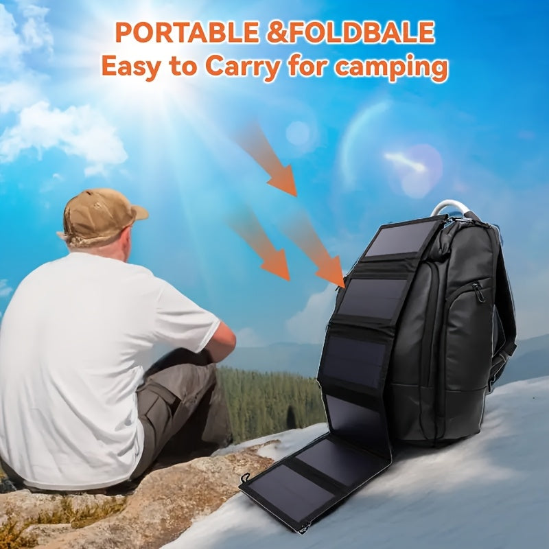 Compact solar panel charger for hiking, camping, and travel.