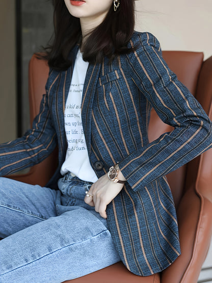 Women's elegant striped blazer with long sleeves and single button closure, made of 97% polyester and 2.7% spandex. Features a regular fit, X-contour design, and woven fabric weighing