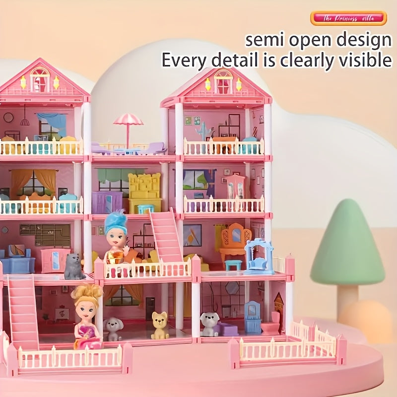 Luxurious 4-story dollhouse set with 4 dolls and accessories, perfect for children's pretend play. Available in pink or blue.