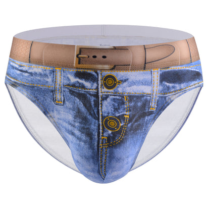 Men's fashion cotton 3D denim boxer briefs with belt print, breathable and stylish underwear.