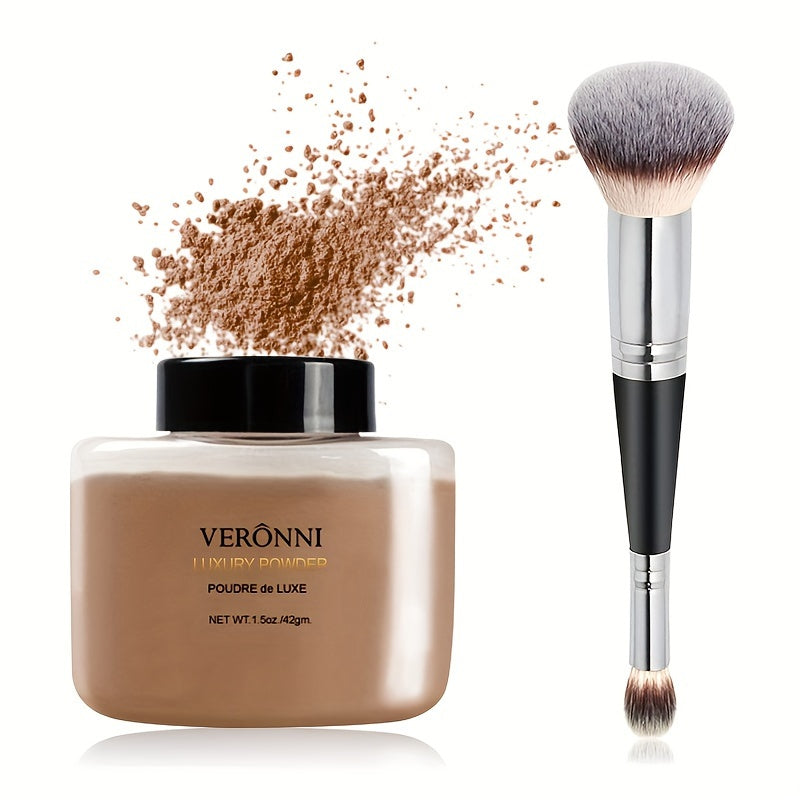 Oil control loose face powder sets foundation makeup with brush for a long-lasting, shine-free matte finish.