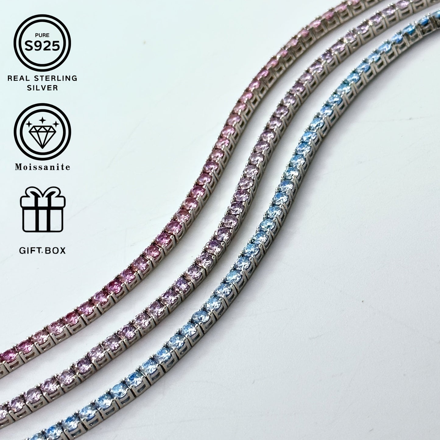 Gift this stunning S925 Silver Tennis Bracelet with a sparkling single stone in Pink/Purple/Blue Moissanite to men and women. Perfect for birthdays, Valentine's Day, weddings, and Christmas. Make brides feel extra special with this precious piece.