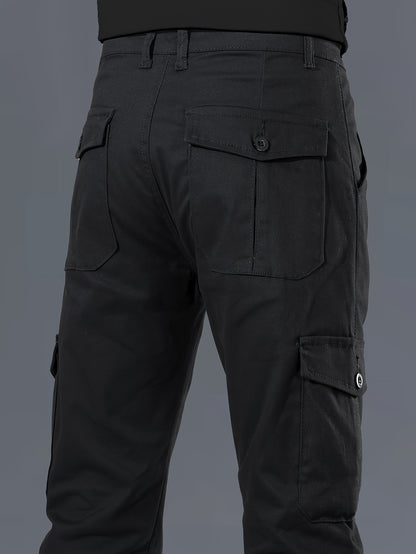 Men's cotton cargo pants, with 97% cotton 3% spandex blend, solid color, regular fit, zipper fly, multiple pockets, all-season wear.