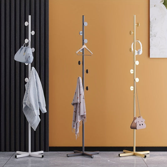 This item is a single, modern floor-mounted coat rack for the home. It features a shelf for the living room entry door, a luxurious design for hanging clothes, and a single rod for hanging garments.