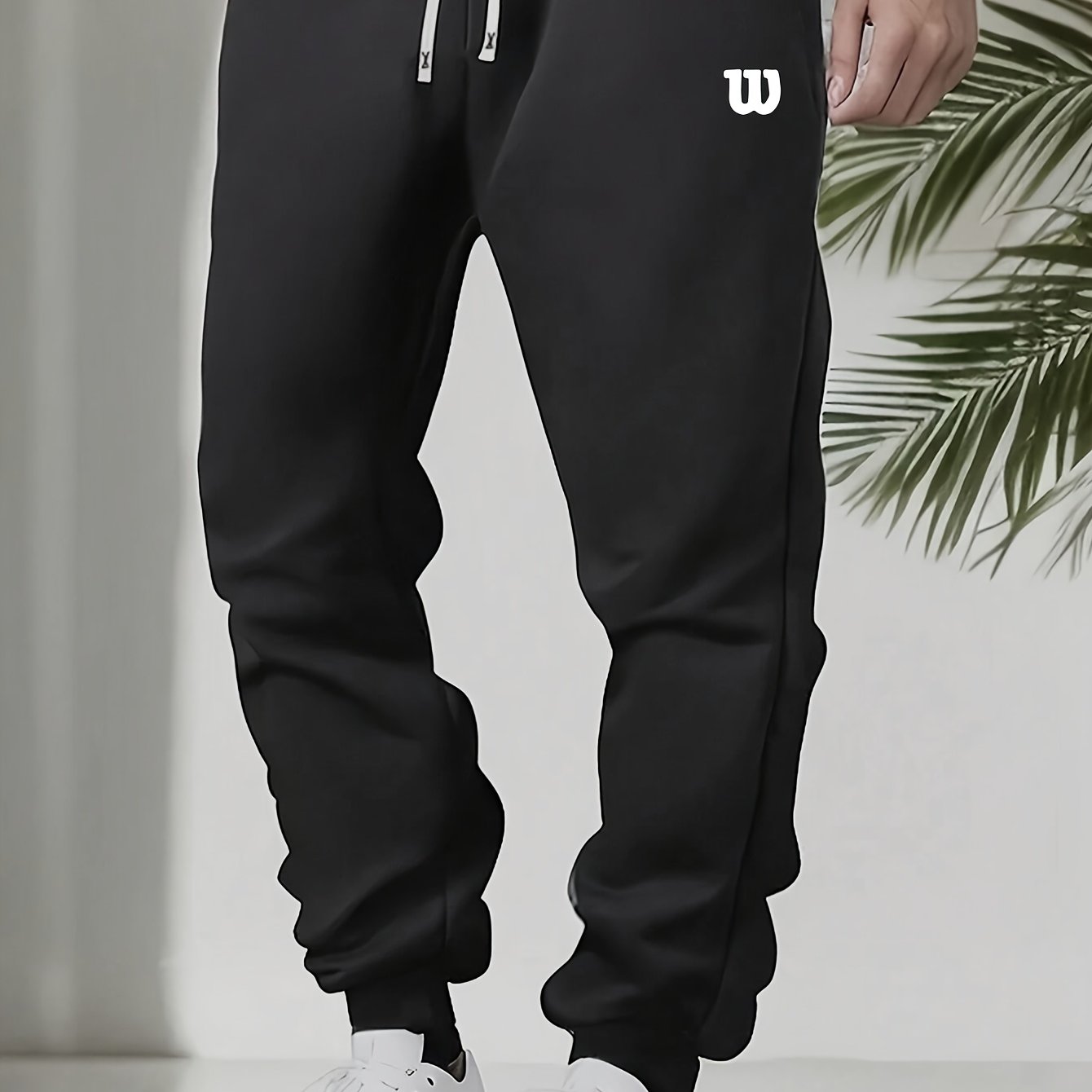 Men's plus size fleece-lined joggers with letter W print - cozy, stretchy athletic sweatpants for fall/winter.