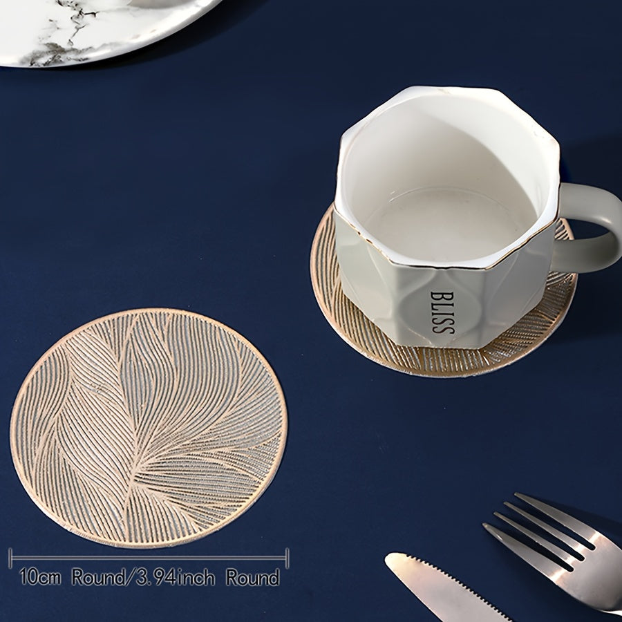 6 PVC round place mats with leaf pattern, heat resistant and non-slip. Hand wash only. Perfect for dining, weddings, and holiday decor.