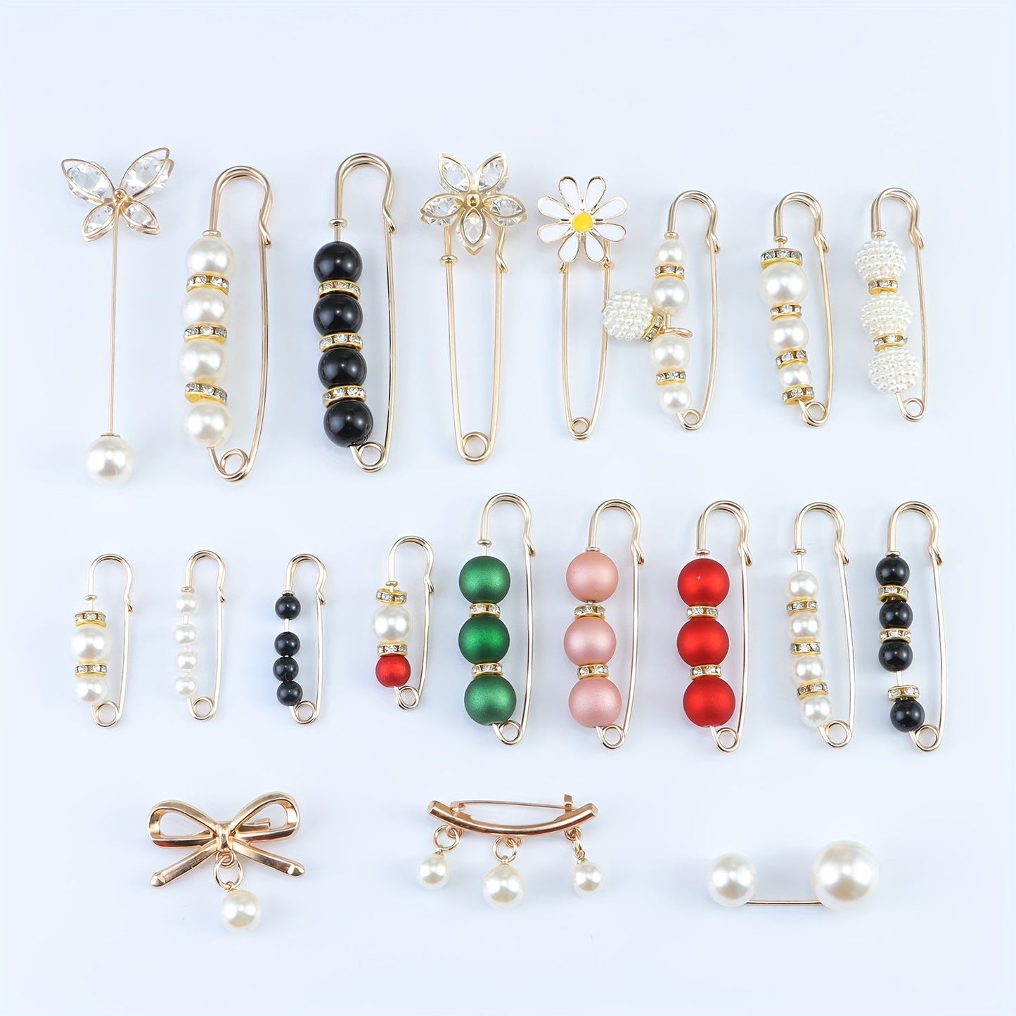 Set of 20 Elegant Minimalist Mixed Brooch Pins with Pearl Embellishments. These Safety Pins feature Irregular Shapes and are Versatile Fashion Accessories for Scarves, Dresses, and Waist Cinchers. Add a touch of Decorative Jewelry to your Clothing.