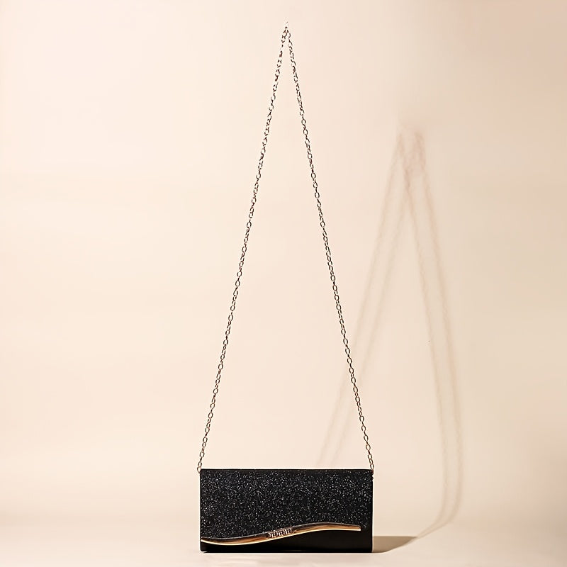 Stylish Black Glitter Evening Clutch with Chain Strap for Formal Events