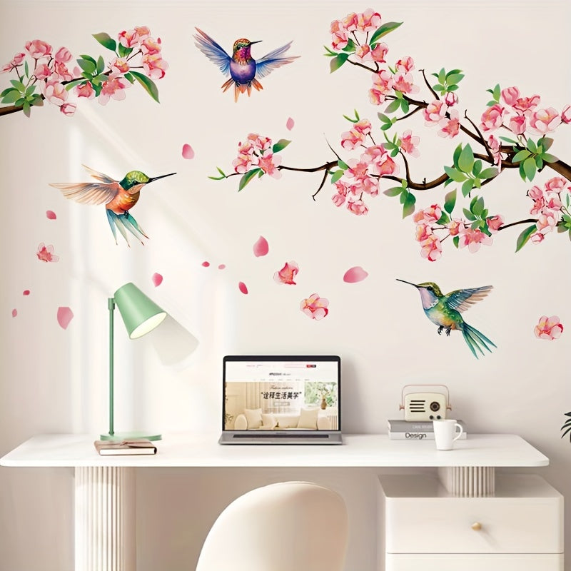 Decorate your bedroom and living room with the beautiful Hummingbird and Cherry Blossom Wall Sticker made of PVC for windows.