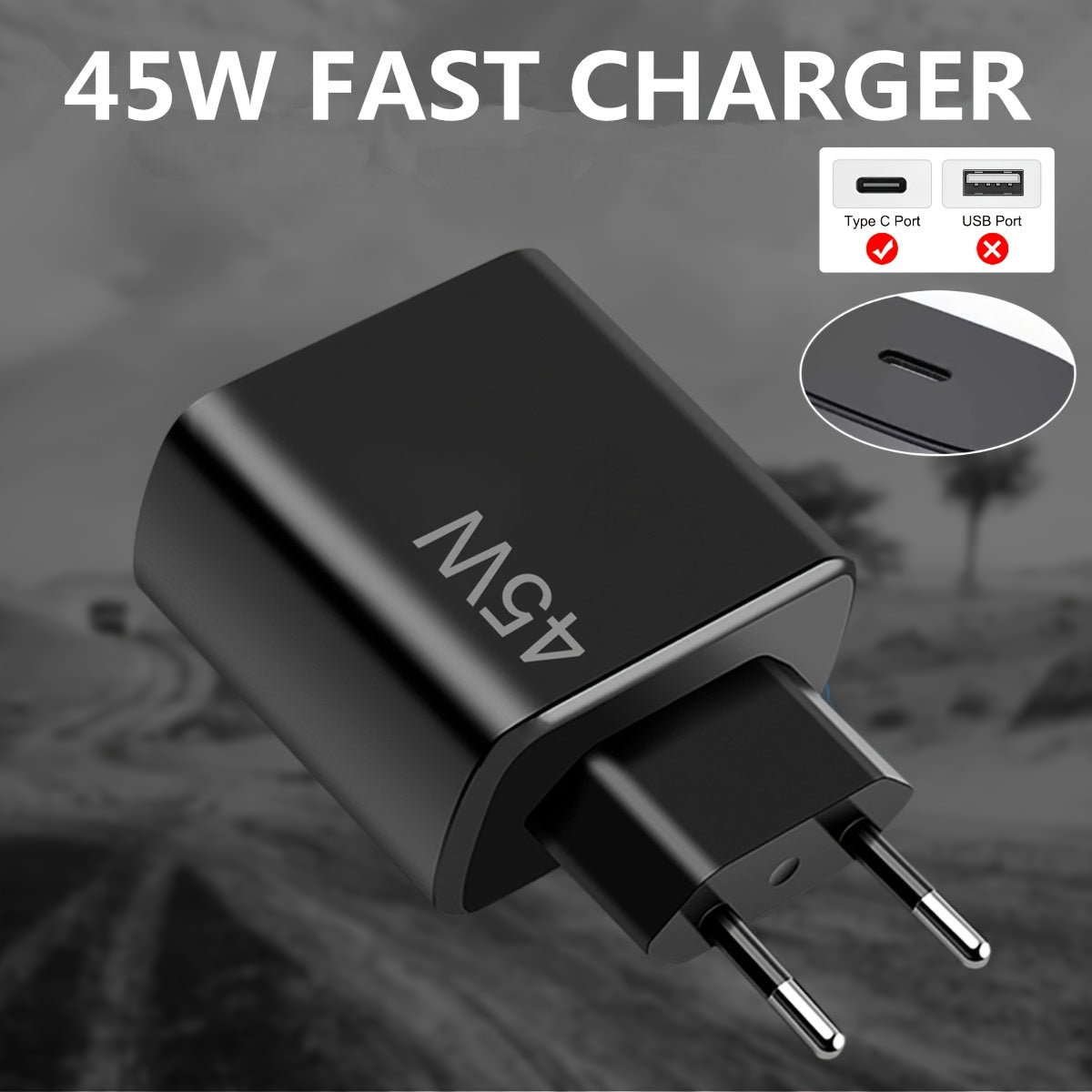 45W USB-C Fast Charger for Samsung and iPhone devices with PPS/PD charging, compact black design.