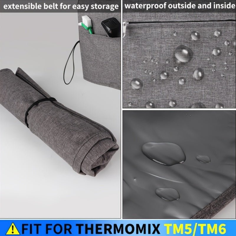 Thickened and durable dust cover with double-layer waterproof protection for Thermomix TM5/TM6 mixer, featuring storage pockets for accessories.