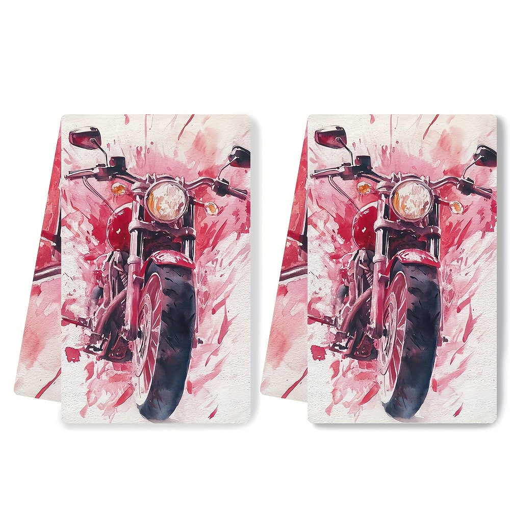 Two pieces of luxurious polyester kitchen towels, sized 40.64x60.96 cm - featuring a vibrant Valentine's Day motorcycle design. These highly absorbent and machine washable dish hand towels are perfect for holiday decor in your kitchen.