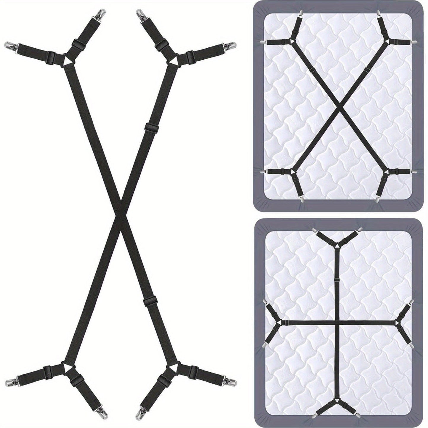 Adjustable Bed Sheet Straps Set of 2, Crisscross Fitted Grippers, Triangle Elastic Fasteners for All Mattress Covers, Black, Made from Woven Material, Easy to Clean, Securely Holds Bedding in Place, Perfect for Home Use.