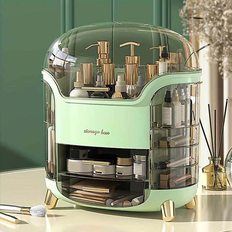 Multi-layer cosmetic organizer with transparent lid for storing jewelry, makeup, and art supplies on bedroom vanity or dresser.