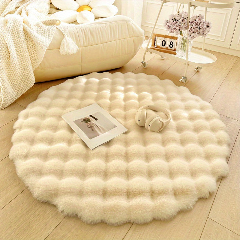 Plush Round Rug Made from Luxurious Cream Rabbit Fur - Ideal for Single Sofa, Living Room Coffee Table, Vanity & Bedside Décor, Cozy Carpet for Lazy Days