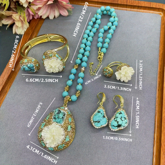 Turquoise Jewelry Set in Bohemian Style, Finished in 14K Golden Plating with Czech Drill Accents, Featuring Natural Green Turquoise Stone, a Fashionable Accessory for Women, Suitable for All Seasons and Daily Wear