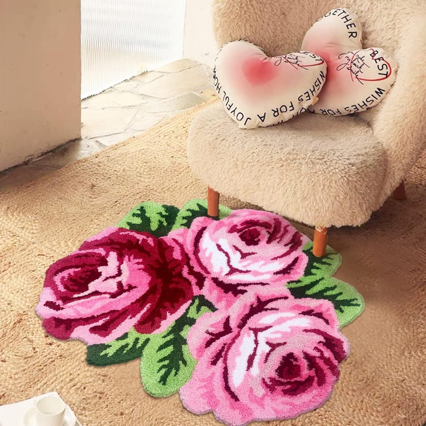 Valentine's Day Decor - Crystal Velvet Rose Flower Bath Rug with Non-Slip Backing, Made of Knit Fabric, 100% Polyester, 750gsm, 1cm Thickness, Suitable for Bathroom, Living Room, Bedroom, and Study