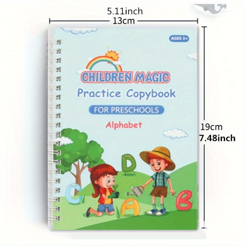 Bundle includes 4 notebooks, 5 pen refills, 1 grip, Groove Magic Practice Writing Book for beginners, a tracing book for numbers and English, fun writing stickers with disappearing ink.