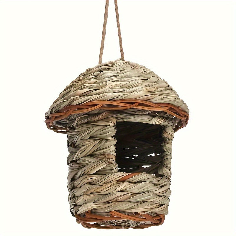 Handmade straw birdhouse for garden decor, attracts various bird species incl. toucans.