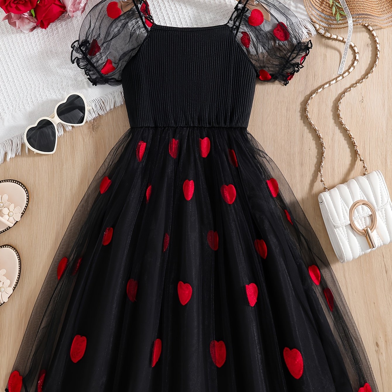 Festive Fun: Cute Girls' Black & Red Heart Mesh Dress - Casual, A-Line, Ideal for Parties & Outings, Summer Ready, Machine Washable