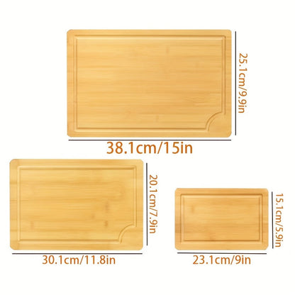 Set of 3 bamboo cutting boards with juice grooves, perfect for chopping meat and veggies. Features easy grip handles and makes a great kitchen gadgets gift.