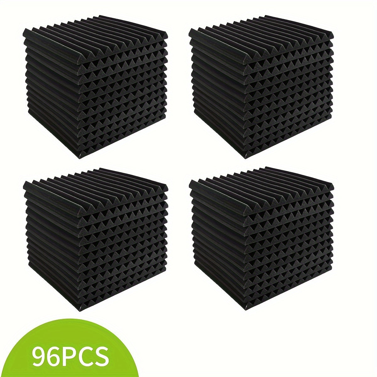 96 pieces of wedge-shaped acoustic soundproof foam boards, flame retardant and fireproof, measuring 30.48x30.48x2.54 cm. Ideal for bedroom, cinema, recording studio, and music room.