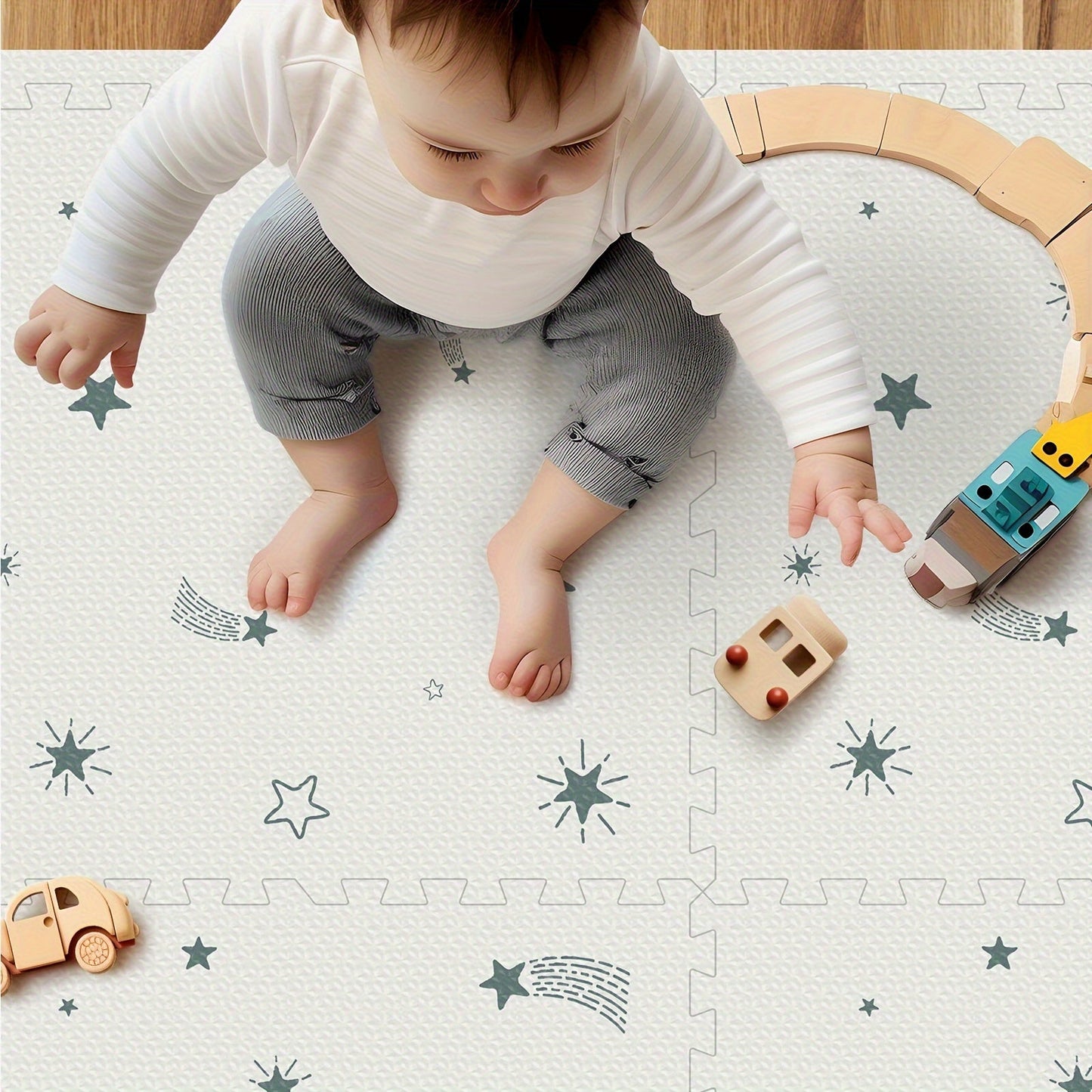 The Soft & Safe Foam Play Mat includes 6 interlocking crawling mats made of easy-to-clean, non-toxic EVA material. Ideal for indoor or outdoor fun, this stylish set features designs like Joy, Star, Funnel, and Stripe.