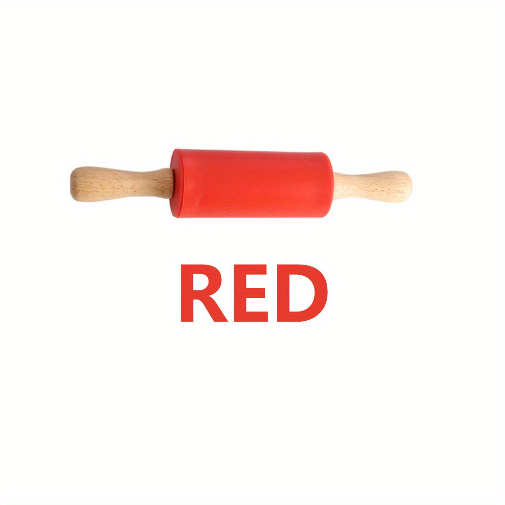 Small rolling pin suitable for kids with a wooden handle and non-stick silicone dough roller, ideal for baking activities.