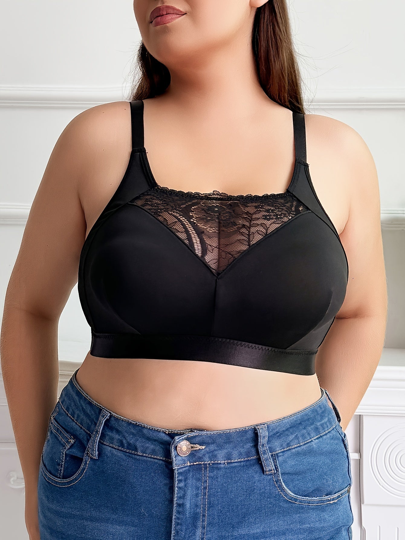 Plus Size Contrast Lace Non Padded Full Cover Bralette for Women's Plus