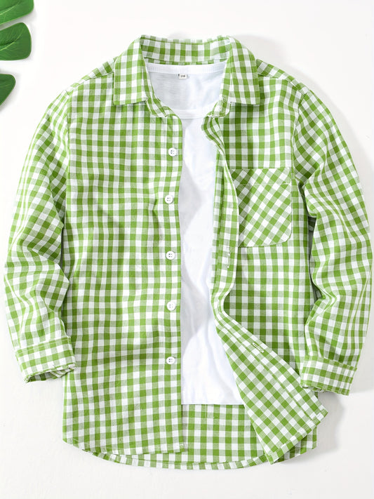 Children's preppy plaid long sleeve shirt made from 100% cotton woven fabric. Features a regular fit with lapel collar and button details. Non-stretch material suitable for boys and girls.