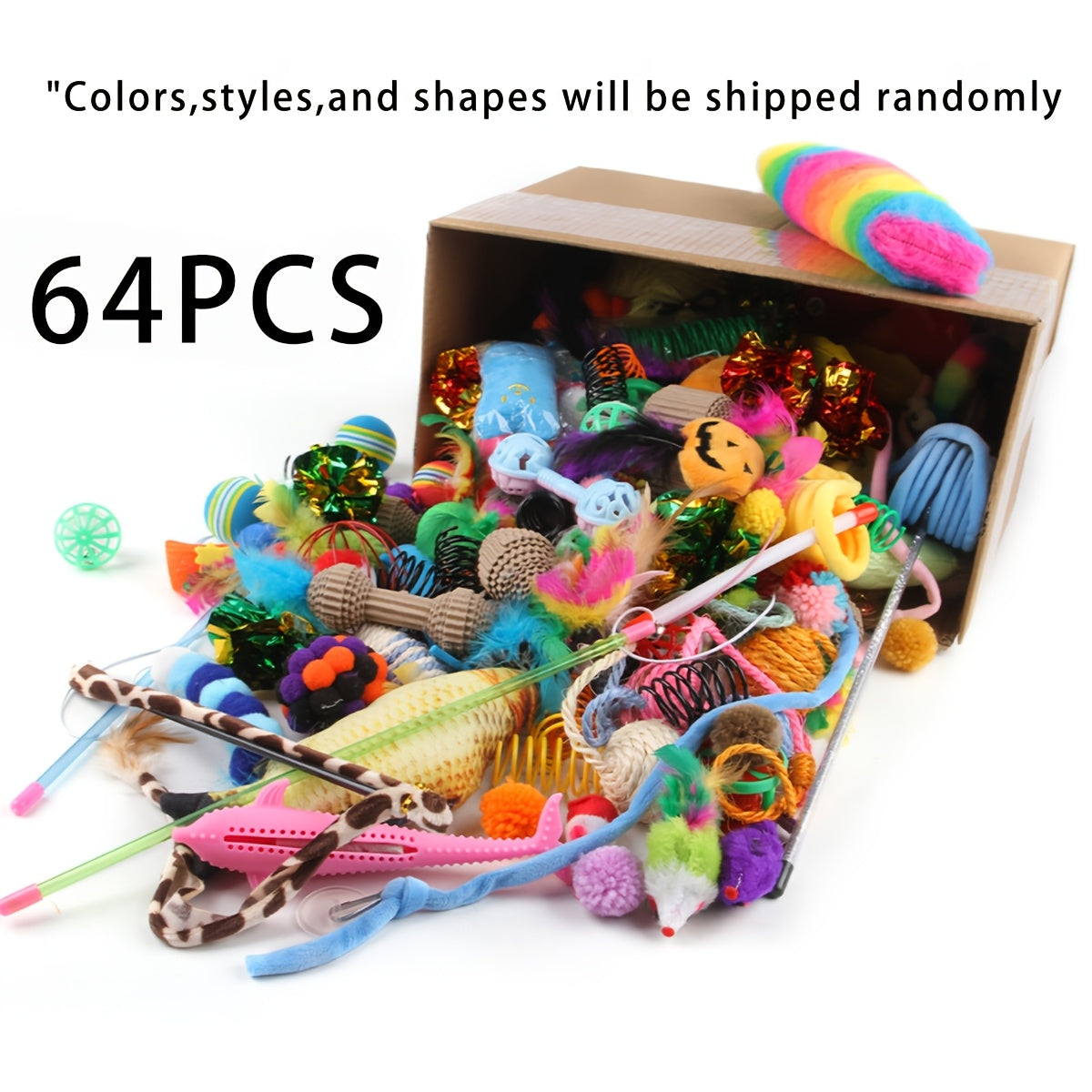 Mixed pack of 200/64/32/16 cat toys, including plastic and plush toys for multiple cats. Variety allows for different toys daily. Randomly shipped in various colors, styles, shapes, and