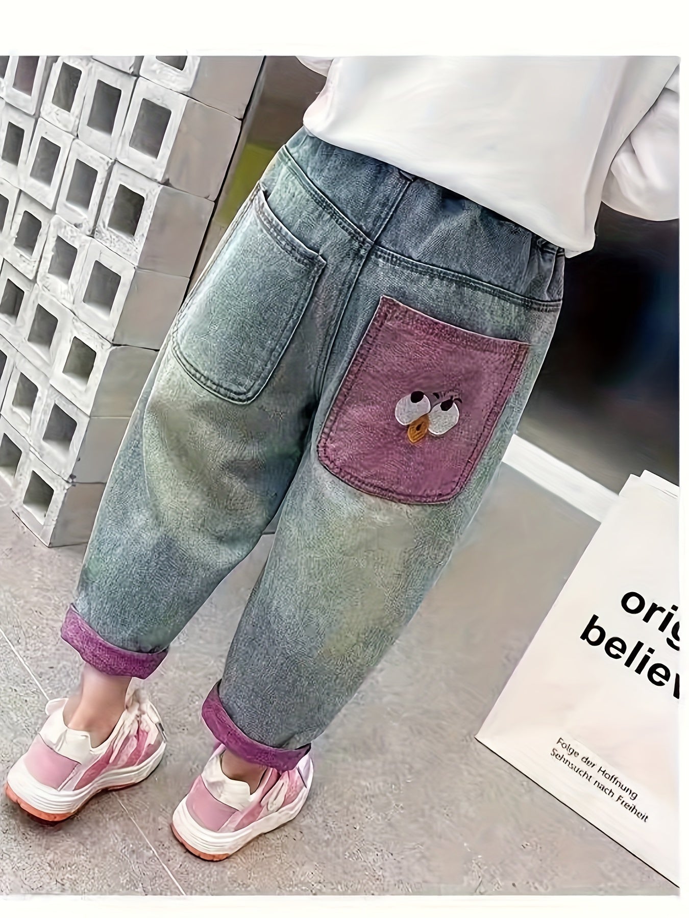 Cute cartoon print denim jeans for girls - comfy loose fit, machine washable, perfect for spring/fall