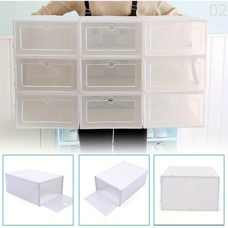 Six transparent stacking shoe boxes made of PET material that are perfect for organizing shoes in your living room, bedroom, or dormitory.