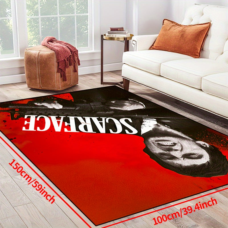 Add a touch of 'Scarface' style with this non-slip mat featuring a red background. Easy to clean and waterproof, available in multiple sizes for use in living rooms, bedrooms, entryways, outdoor patios, and gardens.