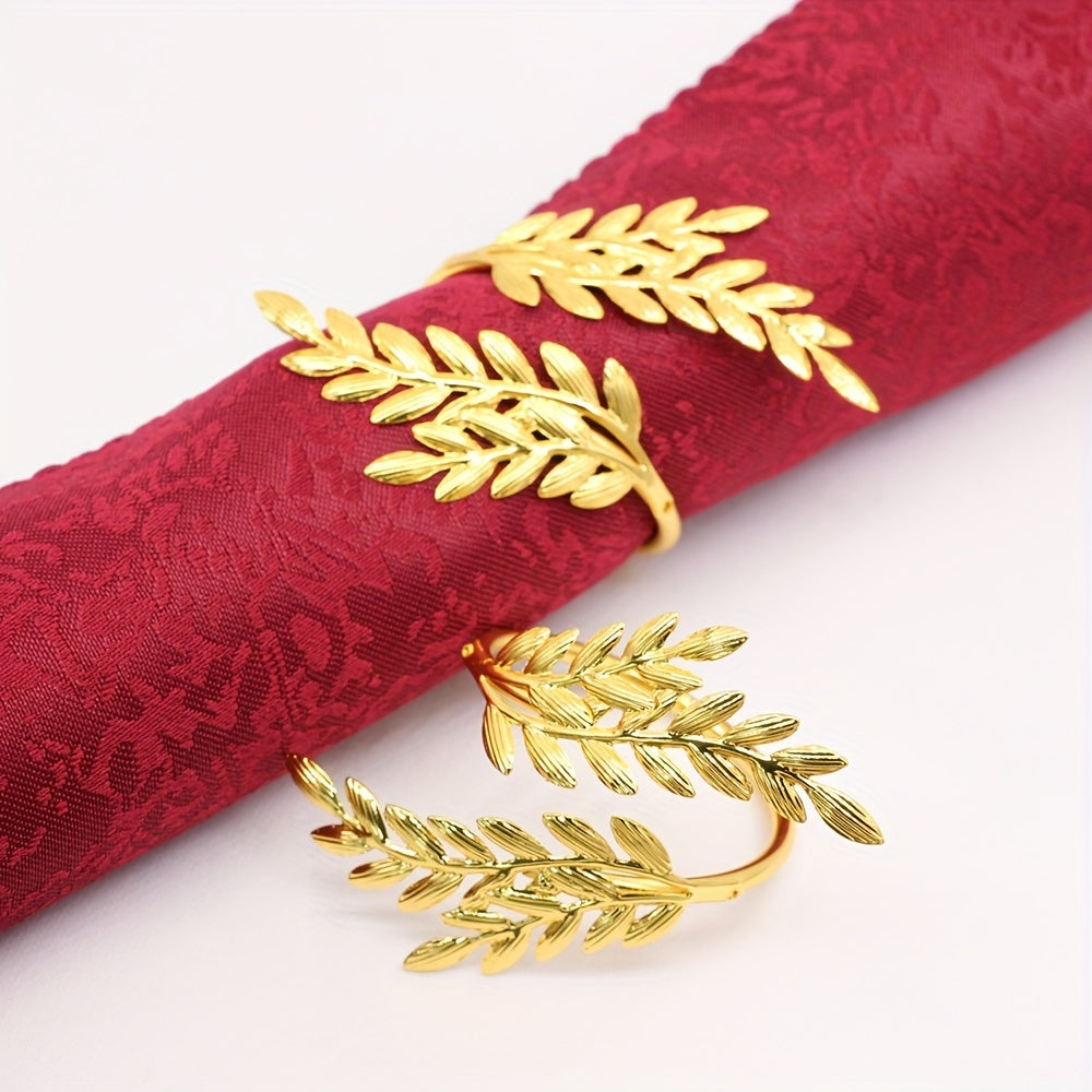 Set of 6 wheat ear design iron napkin rings, great for hotel wedding banquets. Golden plating, also available in silver.